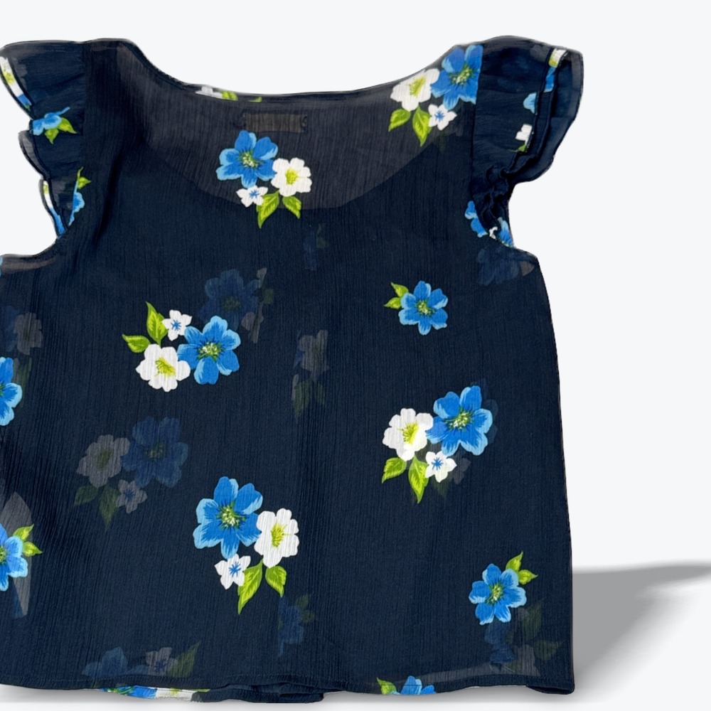 Hollister Navy‎ Blue Floral Ruffle Sleeve Sheer Blouse Womens  Medium - Picture 2 of 5
